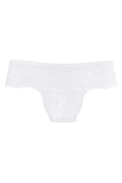 Delicate white lace Brazilian cheekini bikini thong with scalloped edges for bridal elegance.