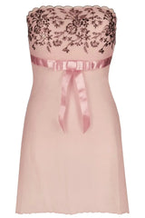 Heavenly light powder pink babydoll with rose gold embroidery, transparent tulle, and a satin bow.