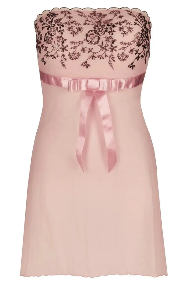 Heavenly light powder pink babydoll with rose gold embroidery, transparent tulle, and a satin bow.