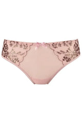 Powder pink Axami briefs with golden floral embroidery, delicate tulle, and a charming front bow.