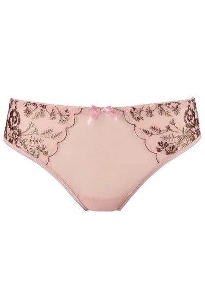 Powder pink Axami briefs with golden floral embroidery, delicate tulle, and a charming front bow.