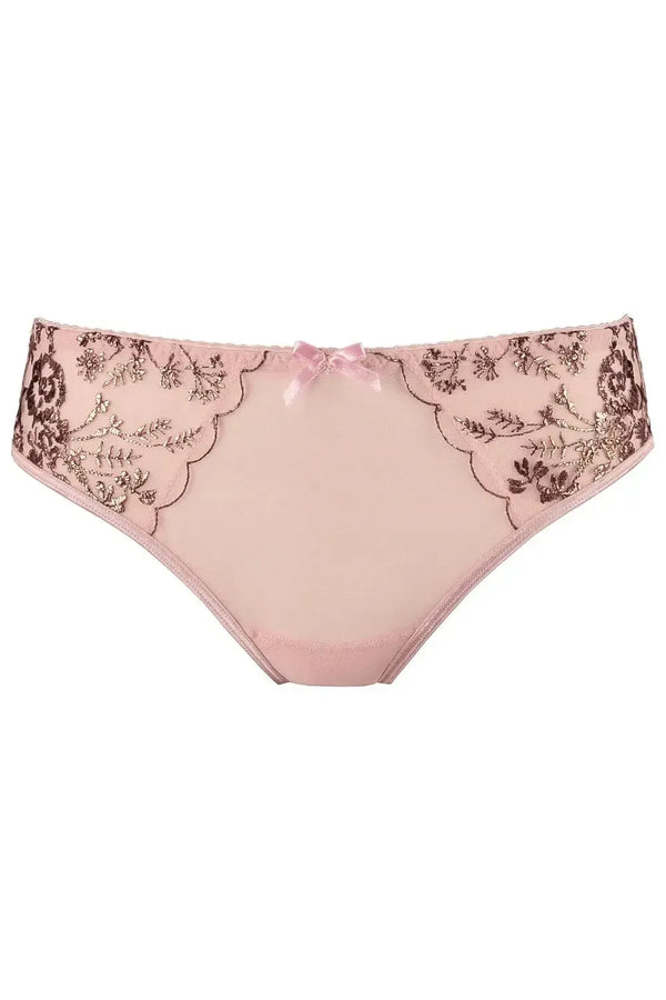 Powder pink Axami briefs with golden floral embroidery, delicate tulle, and a charming front bow.
