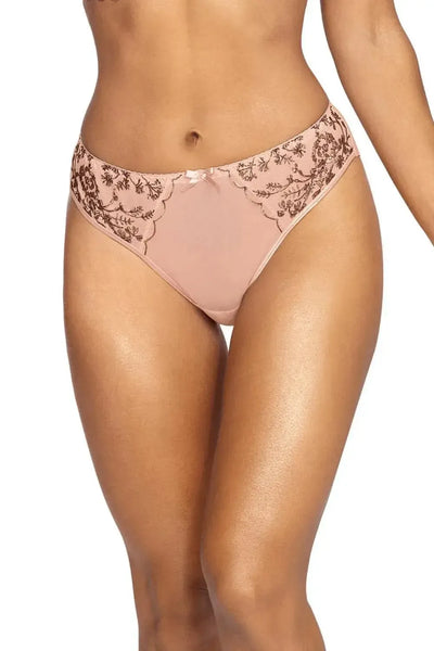 Fantastically powder pink Axami briefs with glittering golden floral embroidery and a delicate bow.