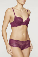 Burgundy Superboost Lace Foil Plunge Bra with matching briefs, featuring feminine lace and golden Gossard 'G' detail.