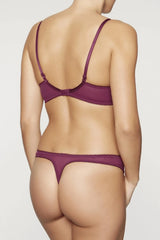 Burgundy Superboost Lace Foil Plunge Bra and matching thong, showcasing supportive mesh back wings.