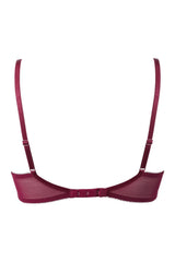 Burgundy Superboost Lace Foil Plunge Bra, showcasing supportive mesh back wings and adjustable straps.