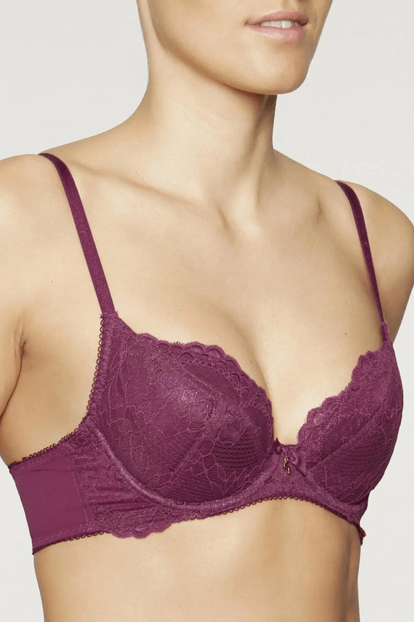 Burgundy Superboost Lace Foil Plunge Bra with push-up pads, feminine lace, and golden Gossard 'G' detail.