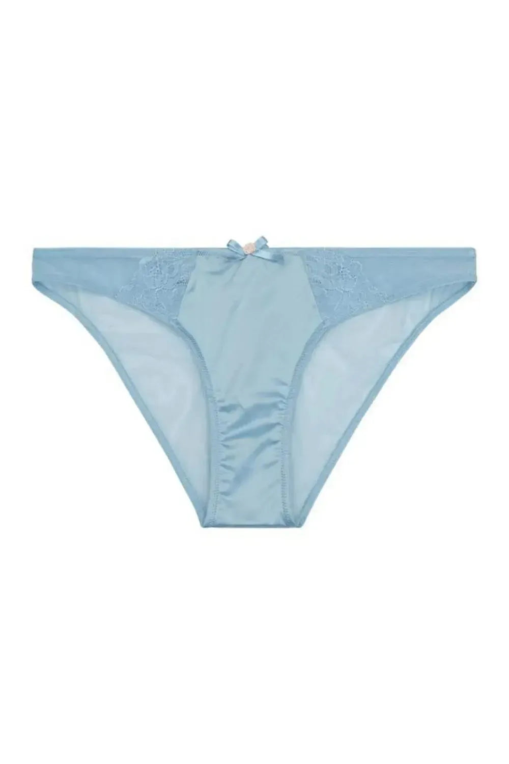 Sybil Brazilian Baby Blue brief with delicate lace, satin panels, and a sweet bow with a pink flower.