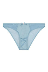 Sybil Brazilian Baby Blue brief with delicate lace, satin panels, and a sweet bow with a pink flower.