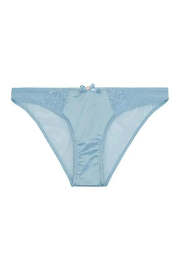 Sybil Brazilian Baby Blue brief with delicate lace, satin panels, and a sweet bow with a pink flower.