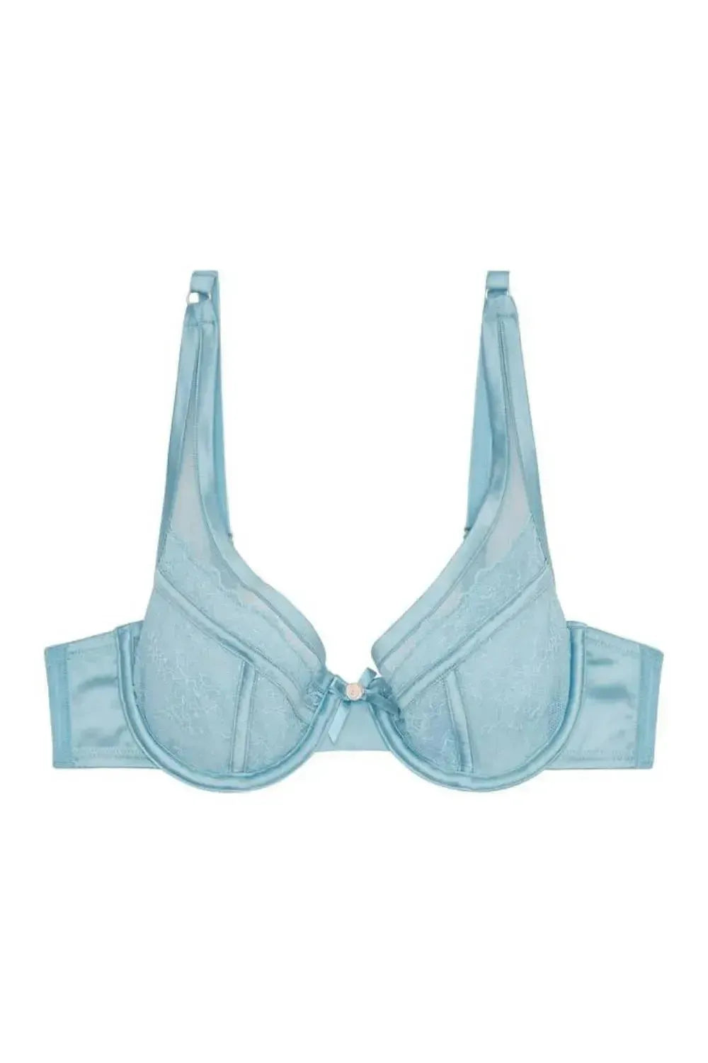 Sybil Lace Plunge Bra in baby blue delicate lace with a pink flower and bow, underwired for support.