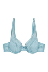 Sybil Lace Plunge Bra in baby blue delicate lace with a pink flower and bow, underwired for support.