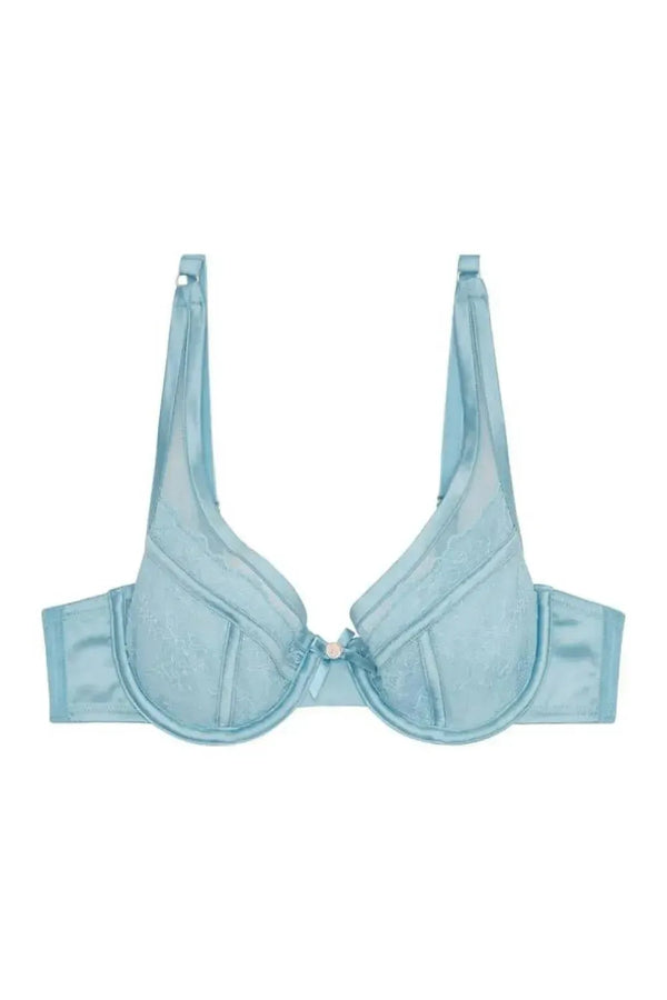 Sybil Lace Plunge Bra in baby blue delicate lace with a pink flower and bow, underwired for support.