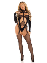 Leg Avenue 2 Pc Fishnet Suspender Lingerie Jumpsuit and Layered Opaque Teddy