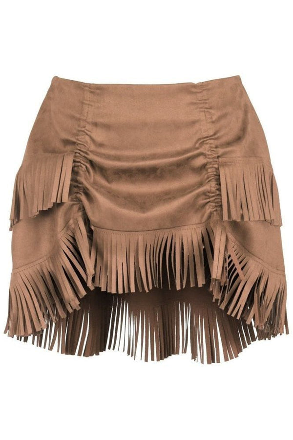 Daisy Corsets Tan Suede Ruched Bustle Skirt w/Fringe