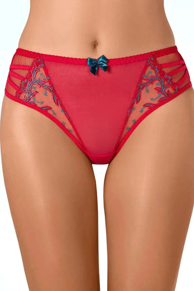Elegant red Axami Tiger Lily bikini briefs with teal embroidery and a matching bow, crafted from silky smooth fabric.