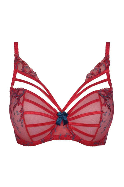 Tiger Lily sheer mesh unlined bra in vivid red with royal blue embroidery and delicate decoration.