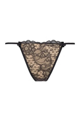 Tempting Axami Tiramisu V-String Thong with elegant black lace on a beige background and sensual cut.