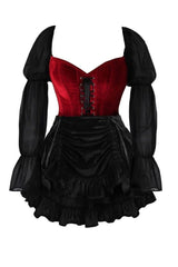 Top Drawer 2 PC Dark Red Velvet Steel Boned Corset w/Sleeves & Skirt Set - Daisy Corsets