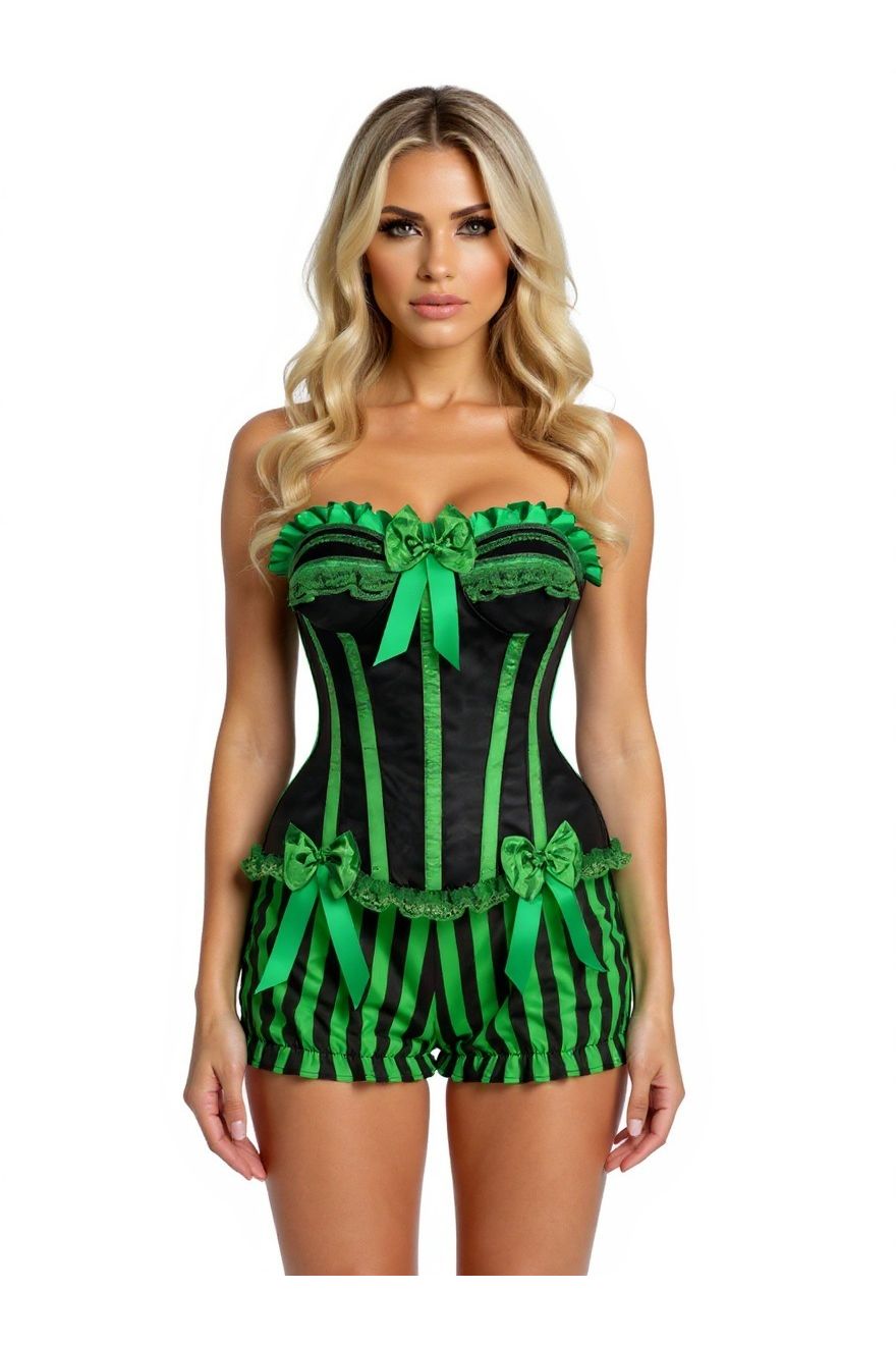 Daisy Corsets Top Drawer 2 PC Green/Black Striped Burlesque Steel Boned Corset & Bloomer Set