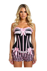 Top Drawer 2 PC Pink/Black Striped Burlesque Steel Boned Corset & Bloomer Set - Daisy Corsets