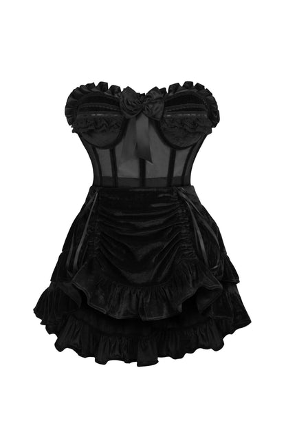 Top Drawer 2 PC Steel Boned Black Mesh & Velvet Underwire Bustier Corset & Skirt Set - Daisy Corsets