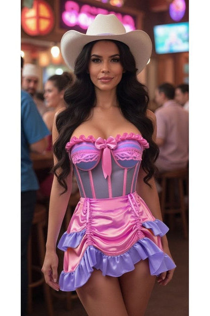 Top Drawer 2 PC Steel Boned Purple/Pink Mesh Underwire Bustier Corset & Skirt Set - Daisy Corsets