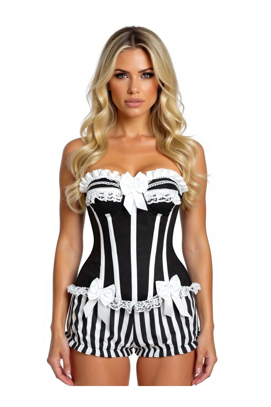 Daisy Corsets Top Drawer 2 PC White/Black Striped Burlesque Steel Boned Corset & Bloomer Set