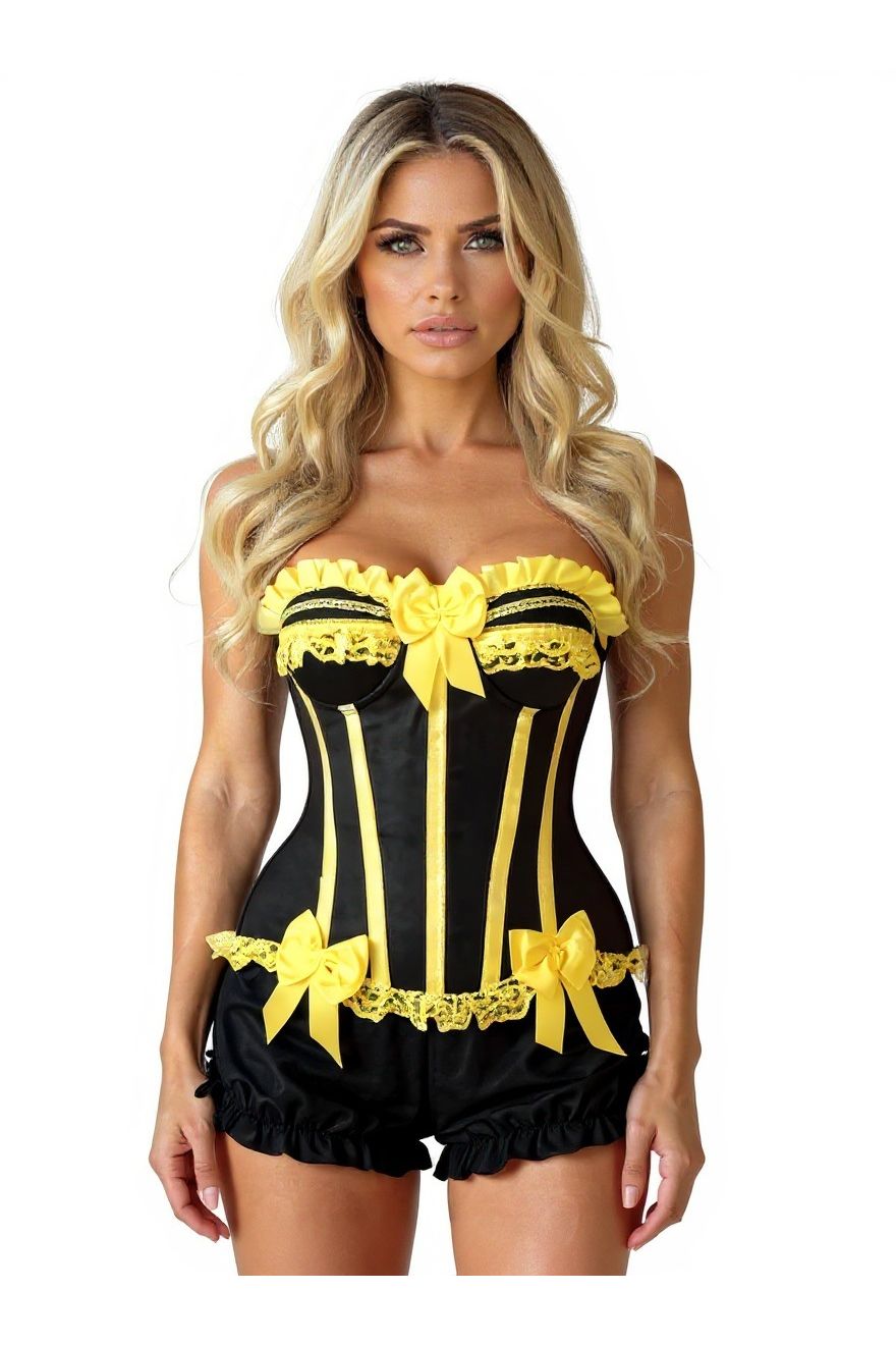 Daisy Corsets Top Drawer 2 PC Yellow/Black Burlesque Steel Boned Corset & Bloomer Set