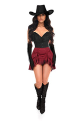 Daisy Corsets Top Drawer 4 PC Premium Black/Red Suede Fringe Cowgirl Corset Costume