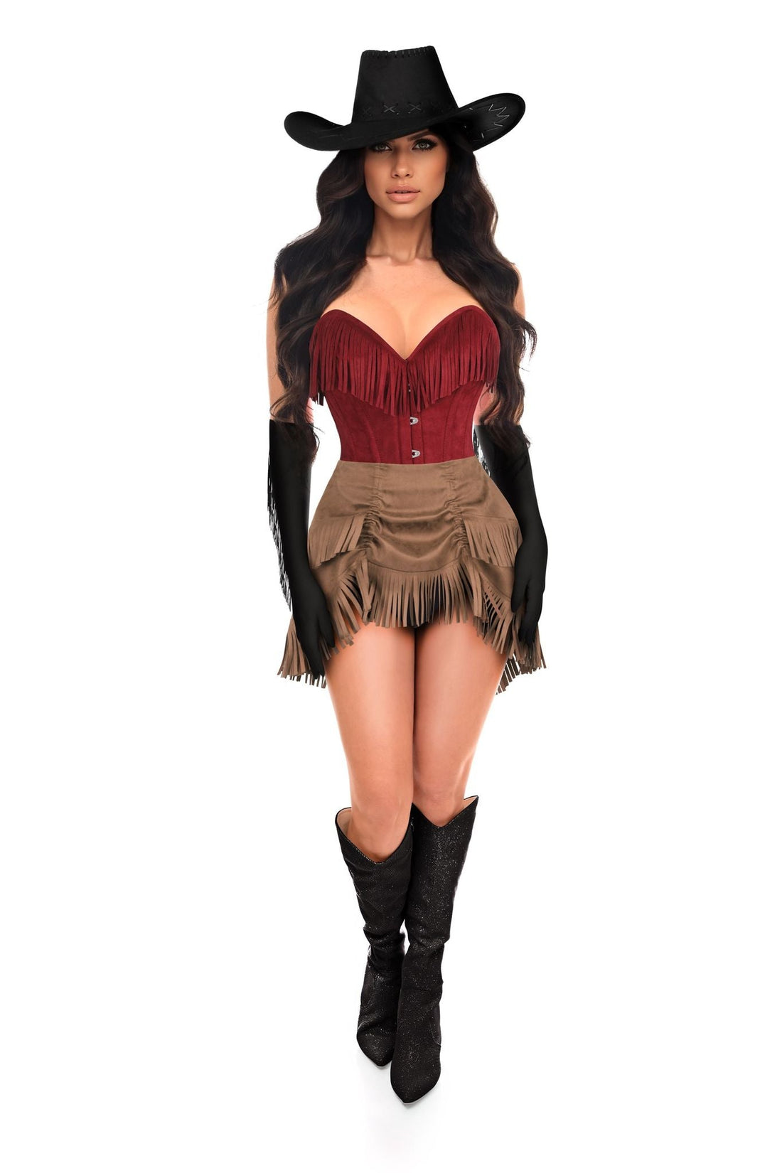 Daisy Corsets Top Drawer 4 PC Premium Red Suede Fringe Cowgirl Corset Costume