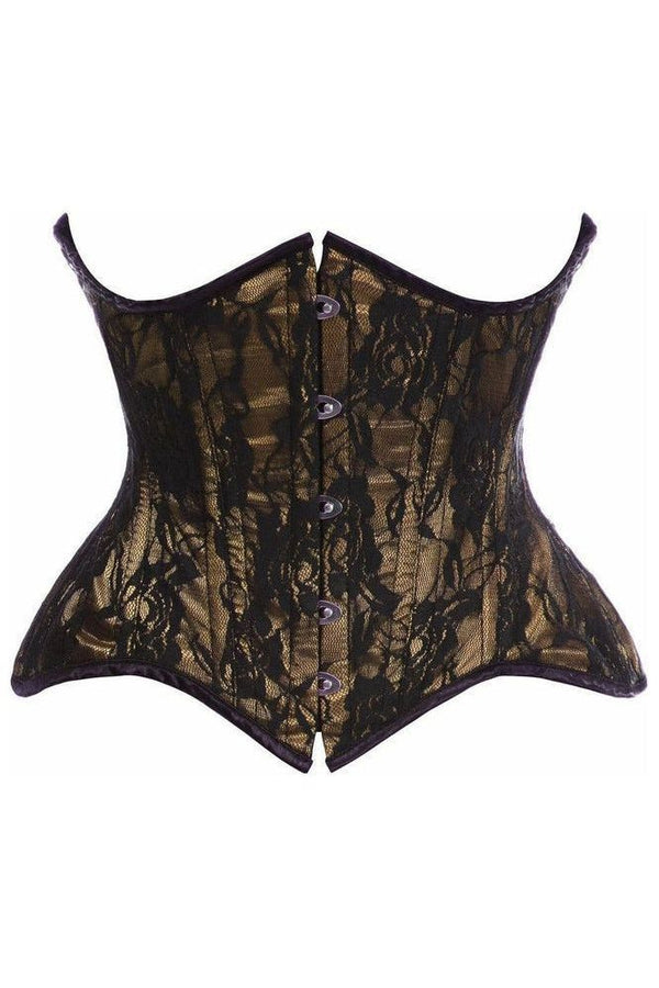 Daisy Corsets Top Drawer Beige w/Black Lace Double Steel Boned Curvy Cut Waist Cincher Corset