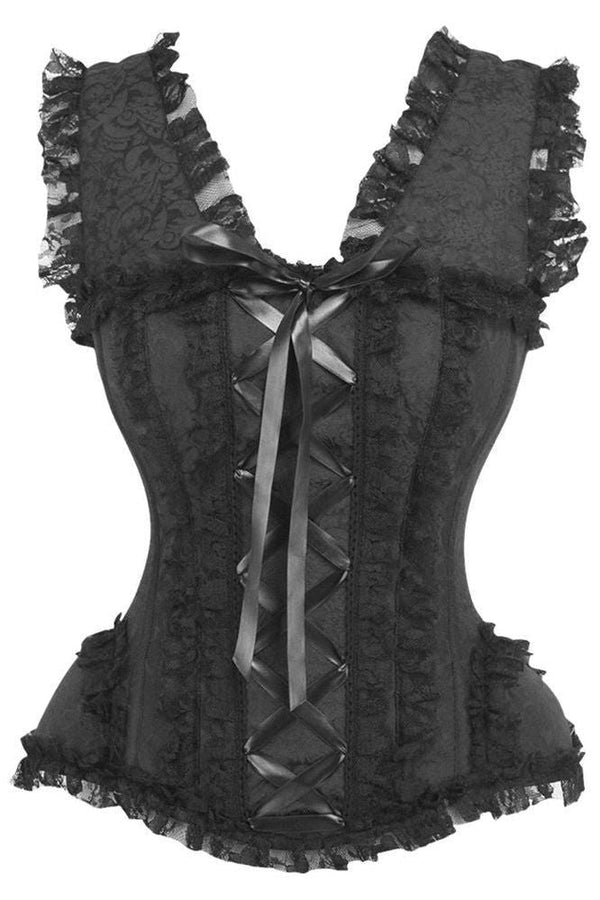 Daisy Corsets LIMITED EDITION Top Drawer Black Brocade & Lace Steel Boned Corset w/Cap Sleeves