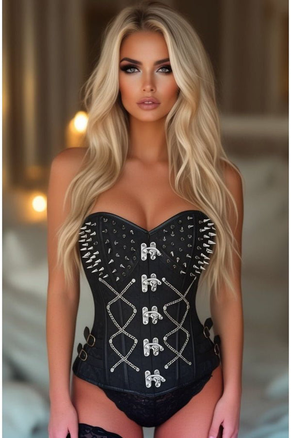 Daisy Corsets Top Drawer Black Brocade & Silver Spikes Steel Boned Corset
