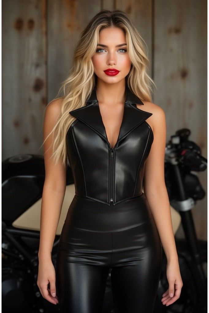 Daisy Corsets Top Drawer Black Faux Leather Steel Boned Collared Bustier Top