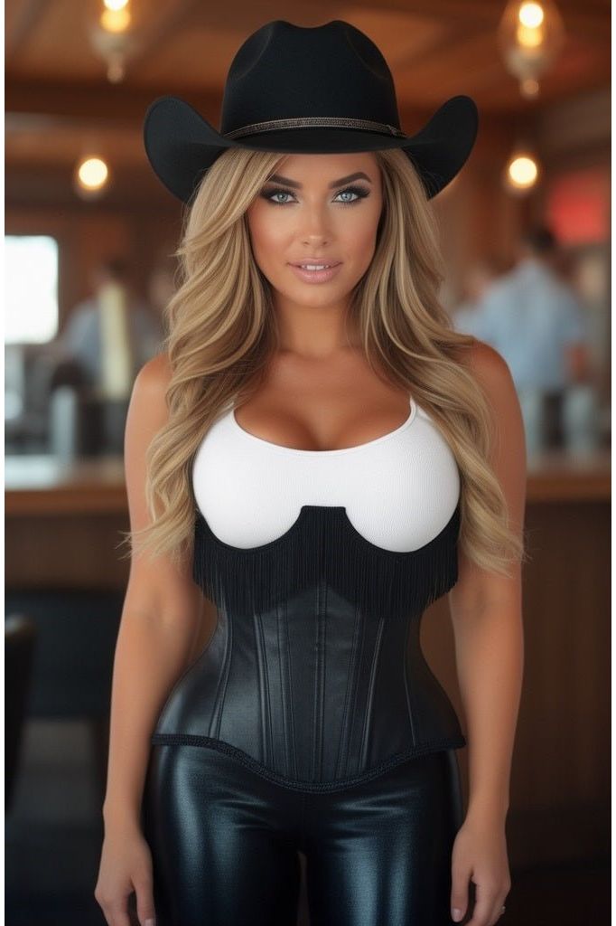 Daisy Corsets Top Drawer Black Faux Leather Steel Boned Underbust Corset w/Fringe