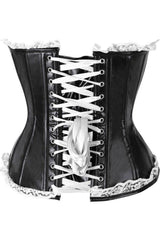 Daisy Corsets Top Drawer Black Faux Leather & Lace Trim Steel Boned Corset
