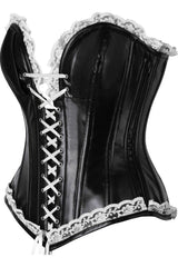 Daisy Corsets Top Drawer Black Faux Leather & Lace Trim Steel Boned Corset