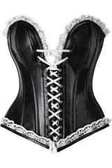 Daisy Corsets Top Drawer Black Faux Leather & Lace Trim Steel Boned Corset