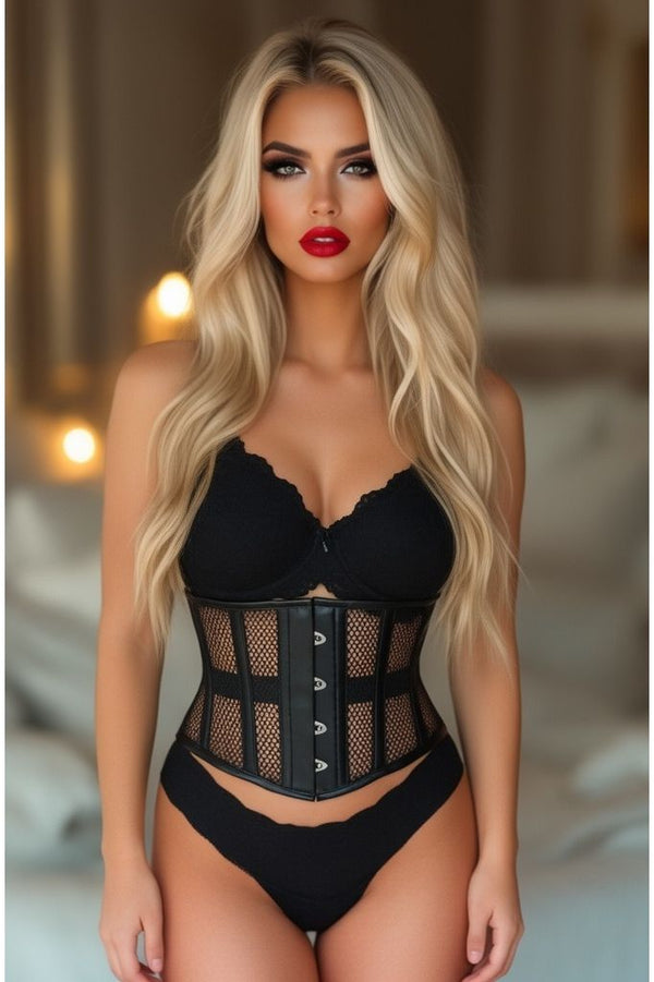 Daisy Corsets Top Drawer Black Fishnet & Faux Leather Steel Boned Mini Cincher