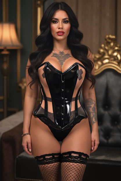 Top Drawer Black Patent & Nude Mesh Steel Boned Overbust Corset - Daisy Corsets