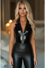 Daisy Corsets Top Drawer Black Patent Steel Boned Collared Bustier Top