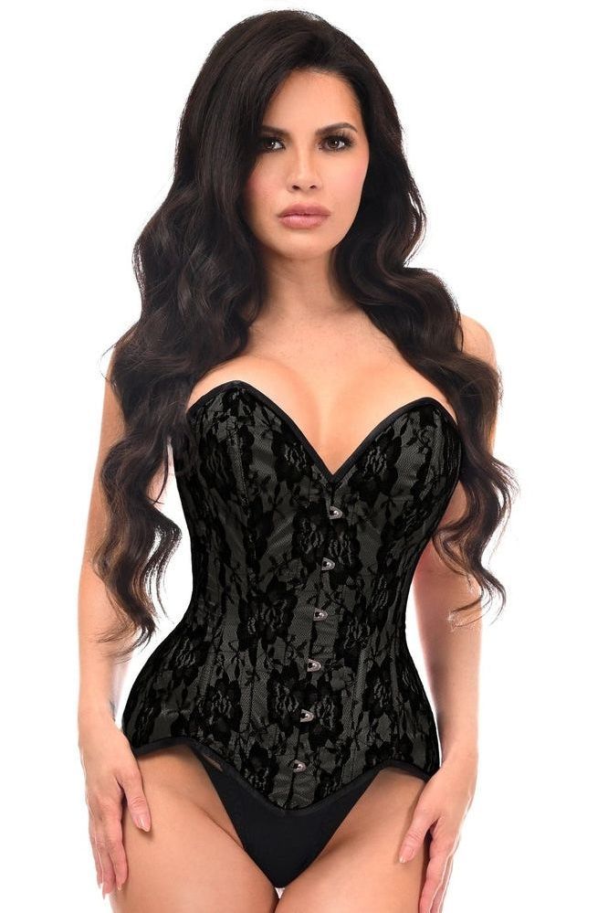 Daisy Corsets Top Drawer Black Satin w/Black Lace Overlay Steel Boned Overbust Corset