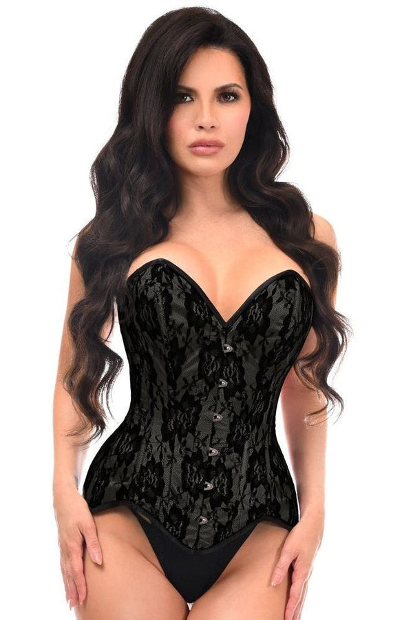 Daisy Corsets Top Drawer Black Satin w/Black Lace Overlay Steel Boned Overbust Corset