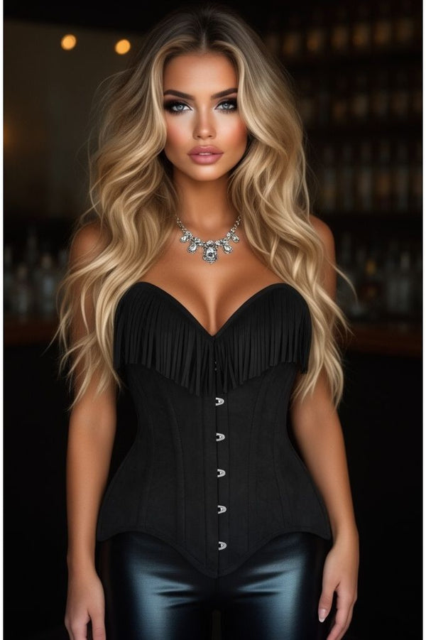 Daisy Corsets LIMITED EDITION Top Drawer Black Suede Steel Boned Overbust Corset w/Fringe