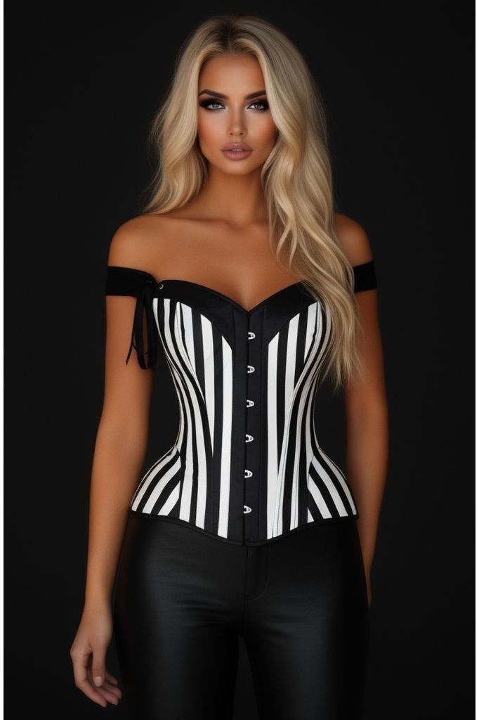 Daisy Corsets Top Drawer Black/White Striped Steel Boned Corset w/Straps
