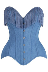 Daisy Corsets Top Drawer Blue Denim Steel Boned Overbust Corset w/Fringe