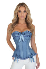 Daisy Corsets Top Drawer Blue Denim Underwire Steel Boned Burlesque Corset w/Bows