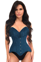 Daisy Corsets Top Drawer Blue Suede Steel Boned Overbust Corset w/Fringe
