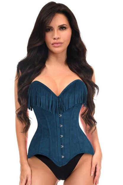 Daisy Corsets Top Drawer Blue Suede Steel Boned Overbust Corset w/Fringe